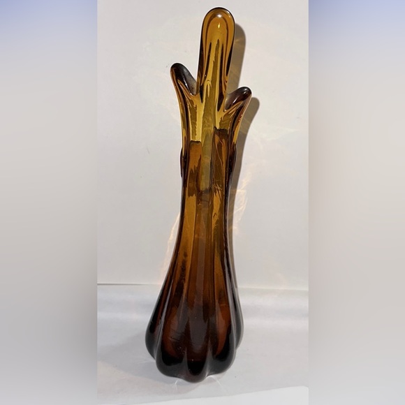Swung Five Finger Pulled Glass Vase Rootbeer Amber 10" - Picture 3 of 8